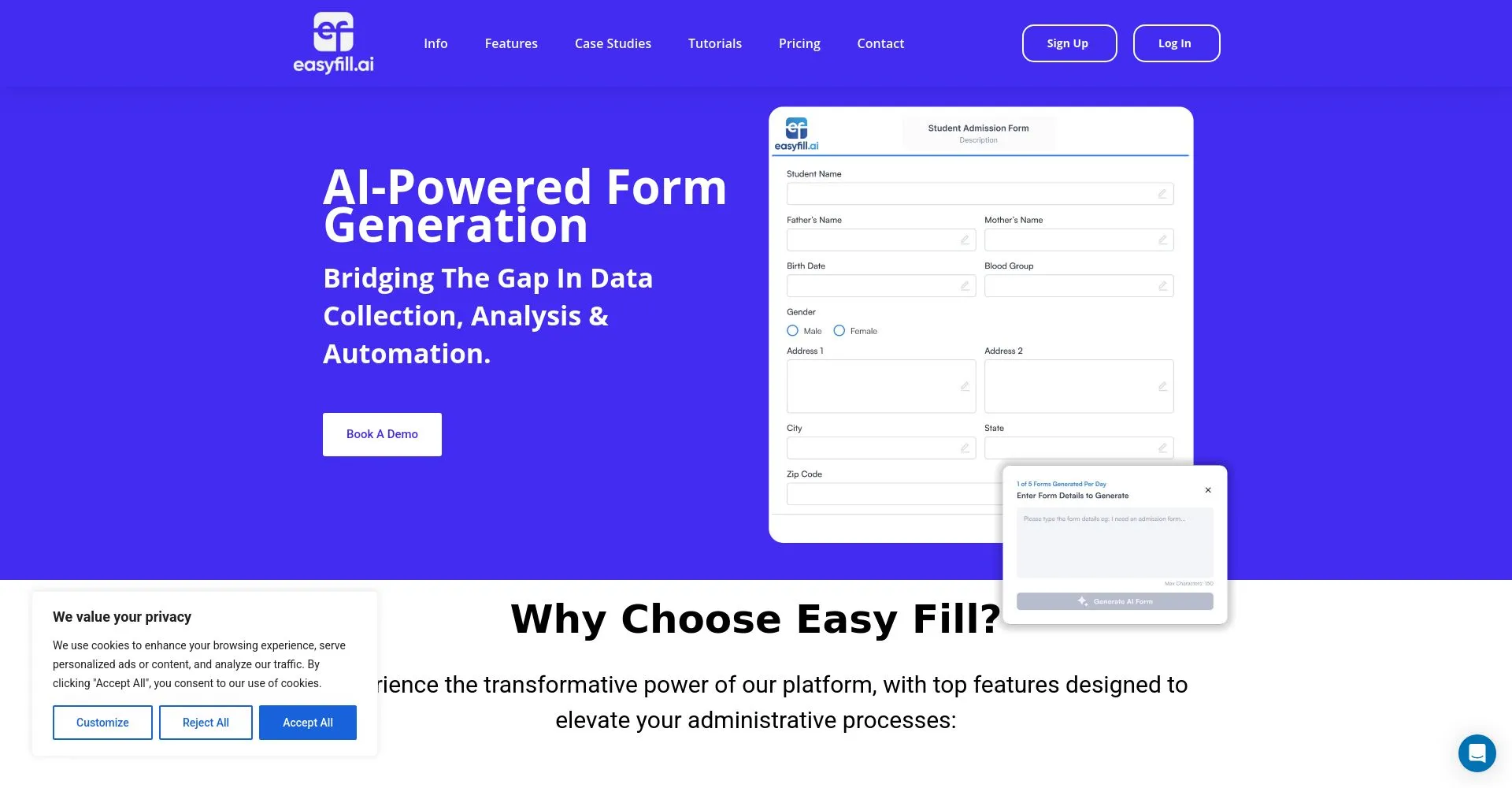 Captura de pantalla del sitio web de easyfill.ai mostrando su generación de formularios mediante IA.