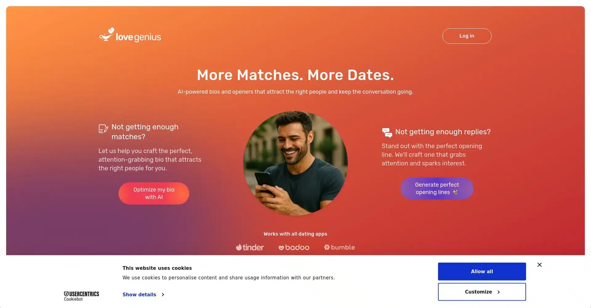 Página principal de LoveGenius mostrando características de optimización de perfiles y mensajes de apertura con IA.