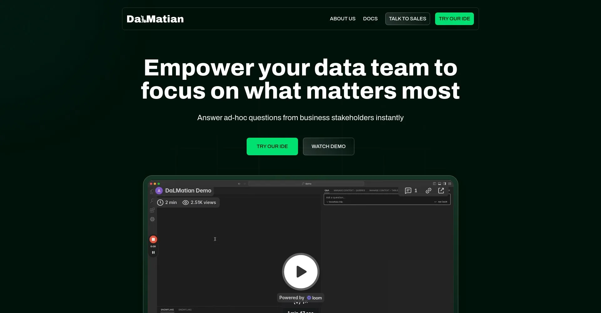Captura de pantalla del sitio web de DaLMatian con un botón de prueba y demostración