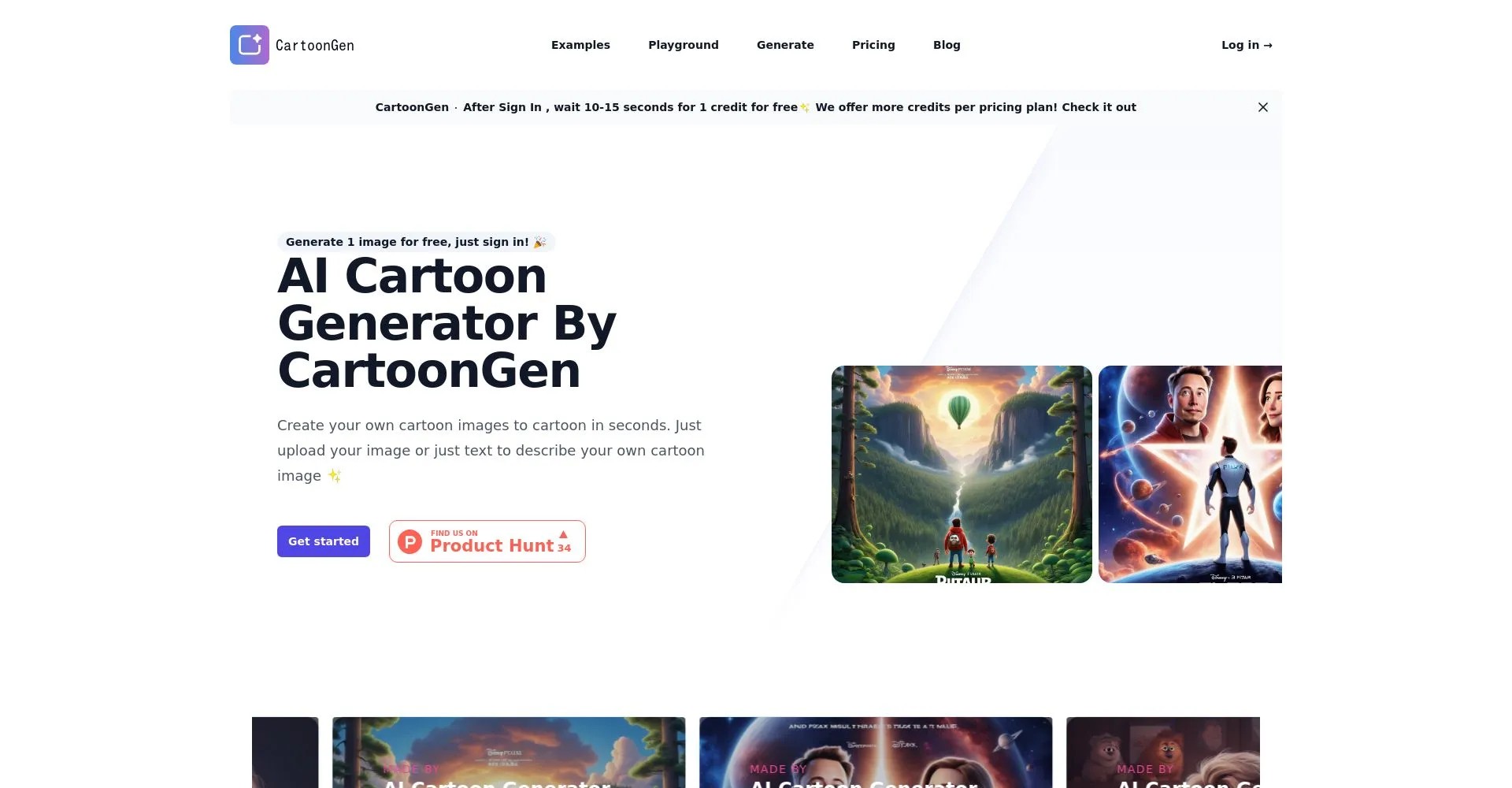 Página de inicio de CartoonGen mostrando un generador de dibujos animados con IA