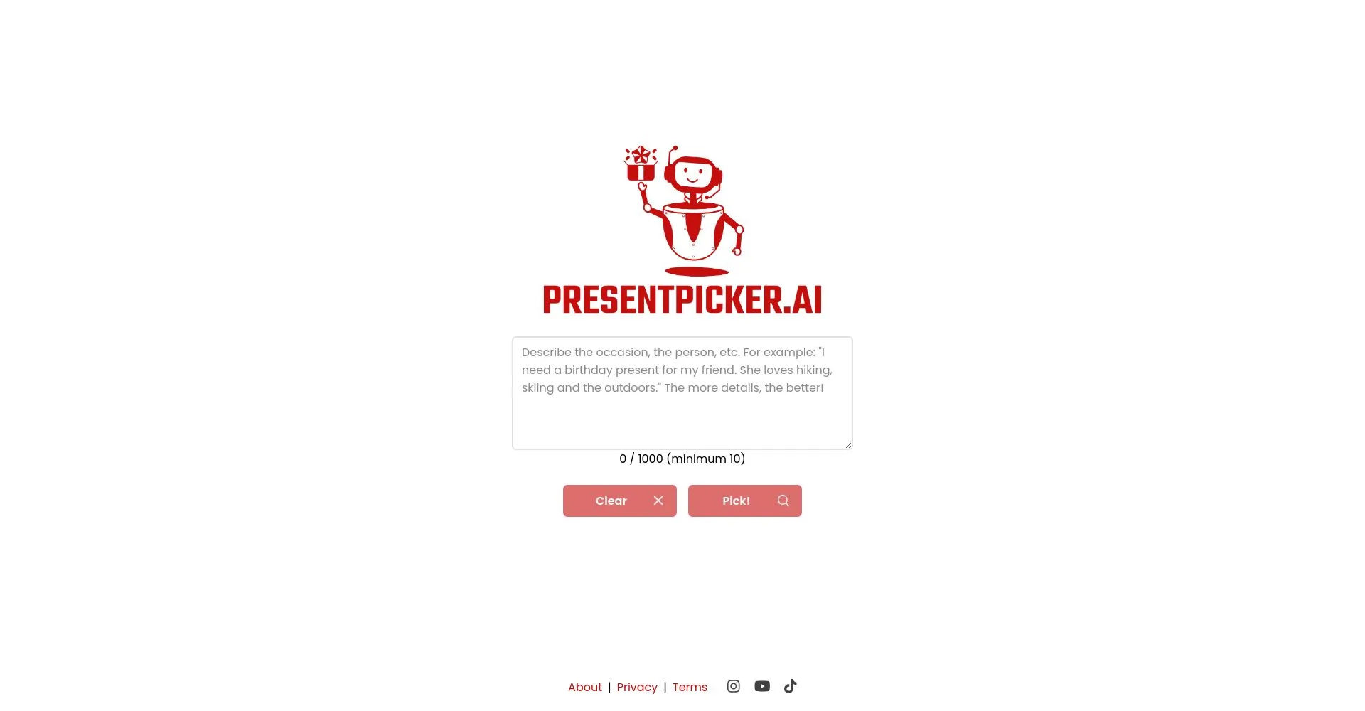 Interfaz de usuario de PresentPicker.AI para elegir regalos