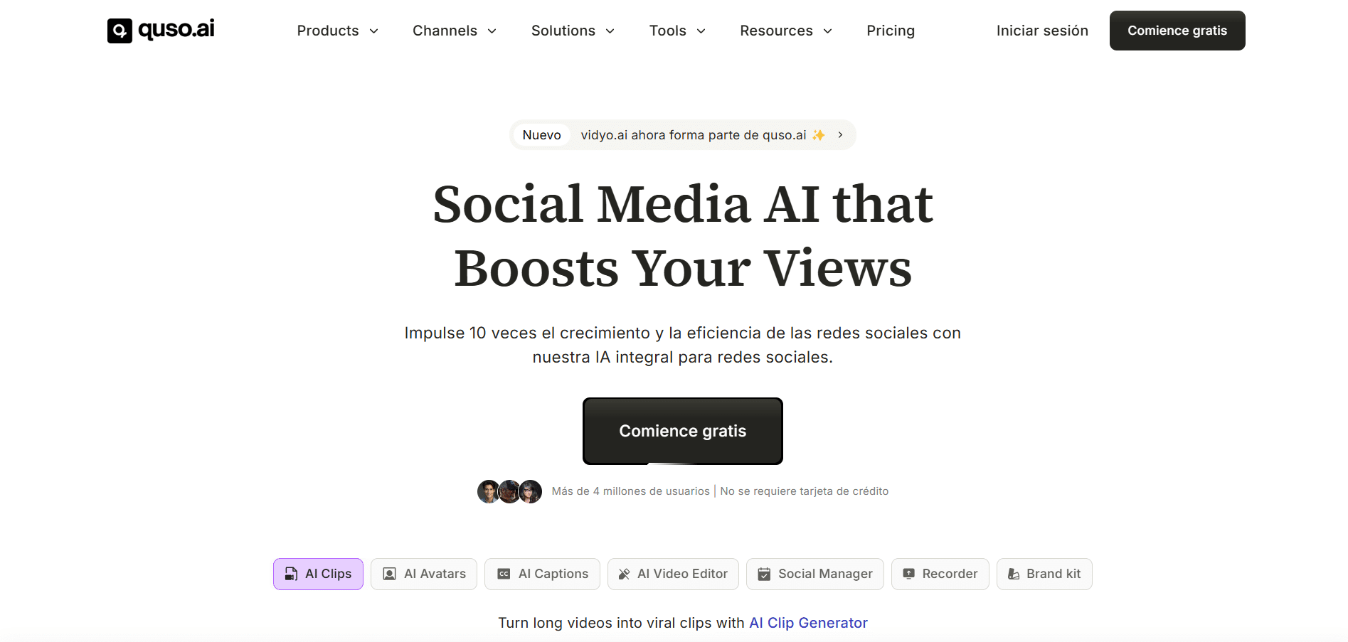 Página de inicio de quso.ai mostrando su mensaje principal “Social Media AI that Boosts Your Views” y opciones de herramientas como AI Clips, AI Avatars y AI Video Editor.