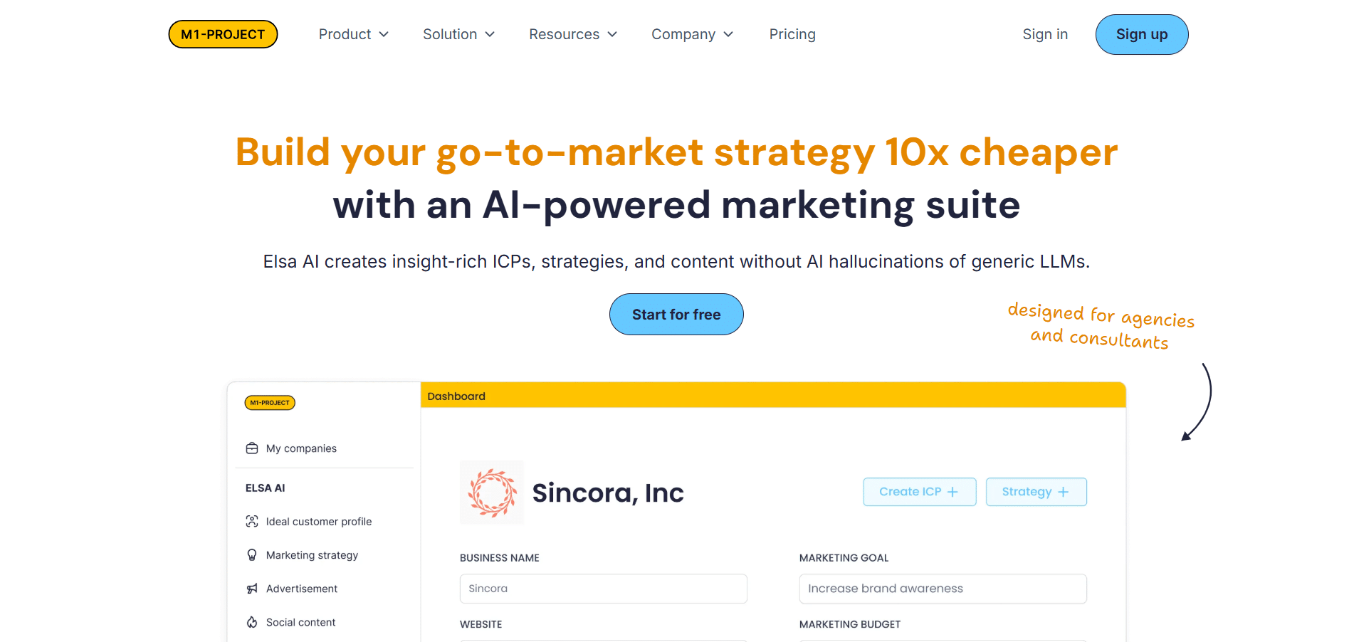 Captura de pantalla de la página principal de Elsa AI mostrando su propuesta como suite de marketing impulsada por inteligencia artificial, destacando la creación de perfiles de cliente, estrategias y contenido para agencias y consultores.