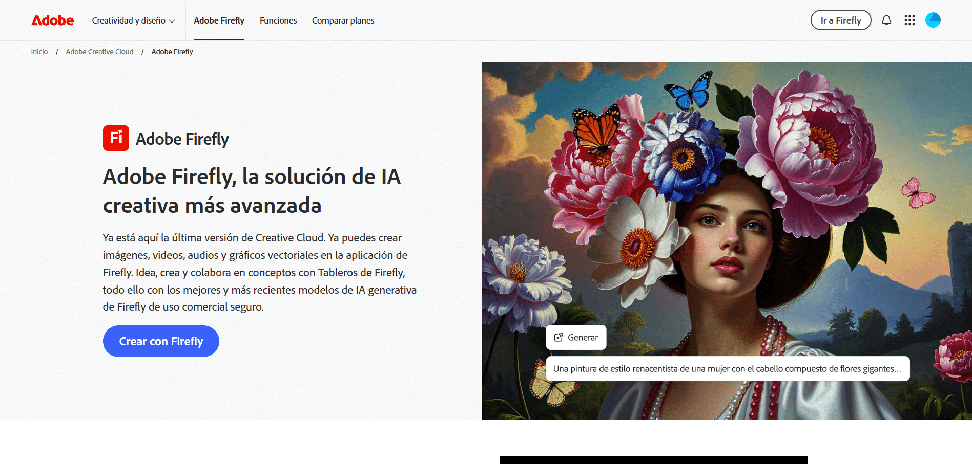 Página principal de Adobe Firefly mostrando una mujer con flores gigantes en el cabello generada por IA, con opción para crear imágenes desde texto.