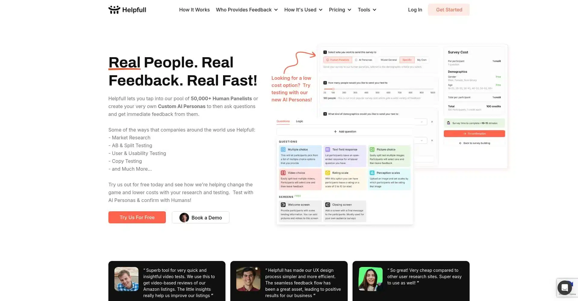 Página de inicio de Helpfull mostrando opciones de encuestas y características
