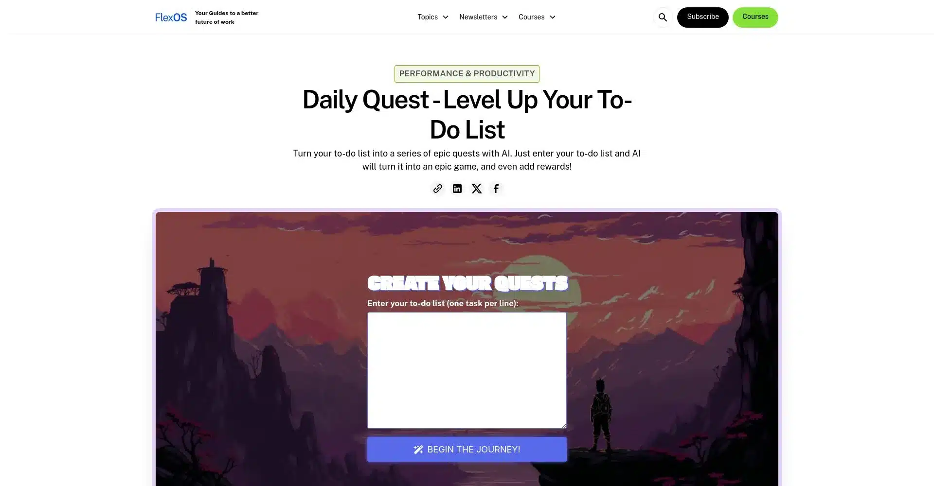 Interfaz de FlexOS para convertir listas de tareas en aventuras épicas