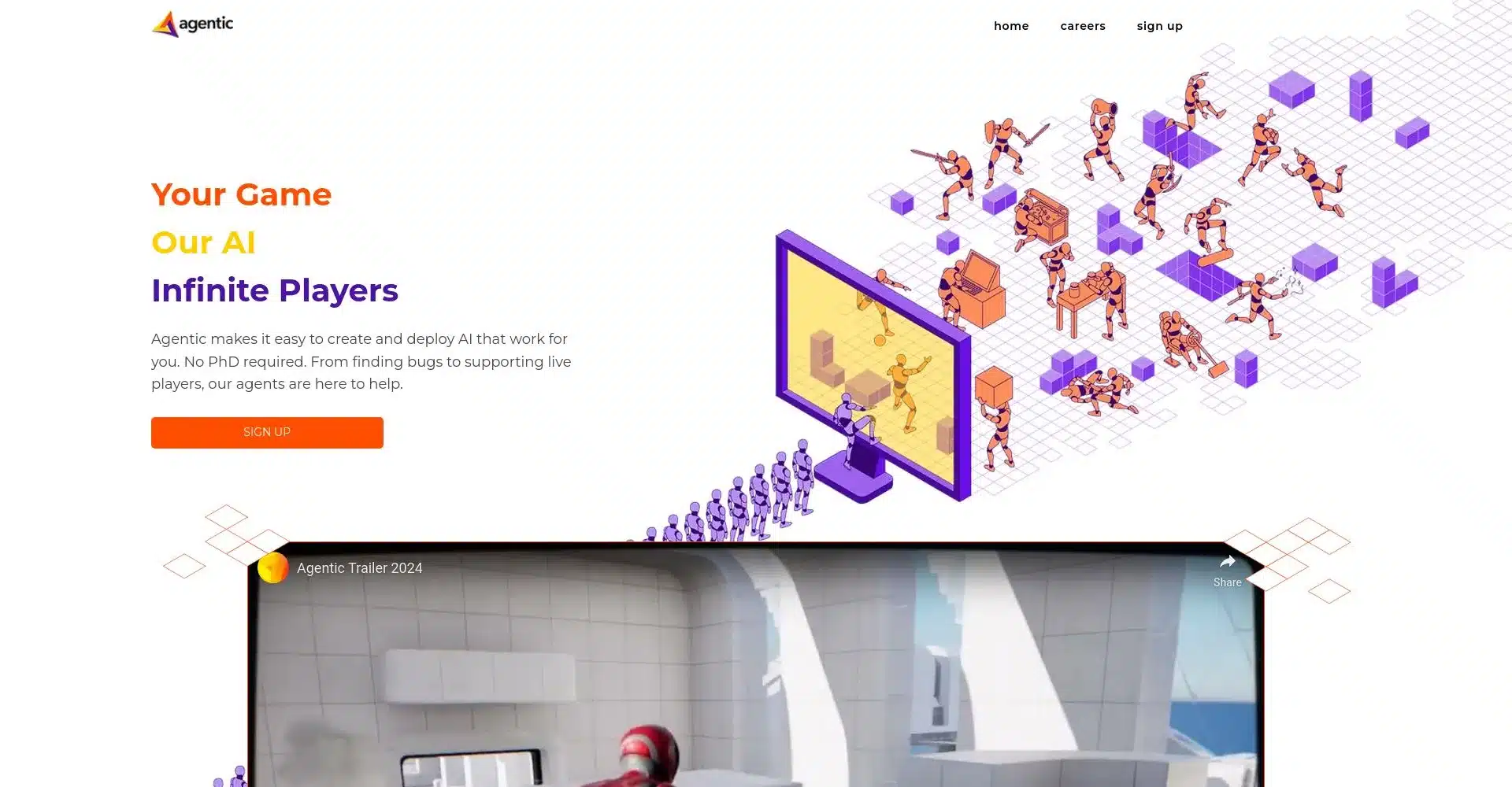 Página de inicio de Agentic mostrando un ilustración de jugadores virtuales