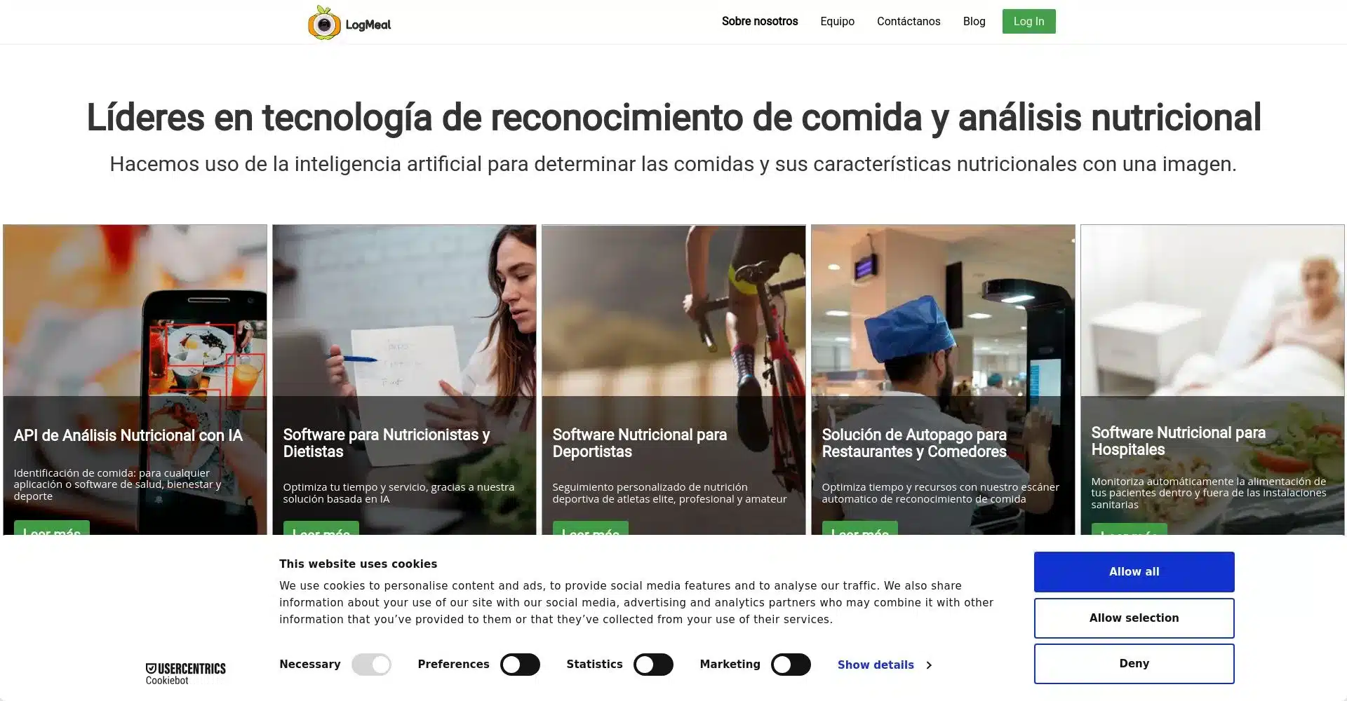 Captura de pantalla de la página principal de LogMeal mostrando servicios de reconocimiento de comida