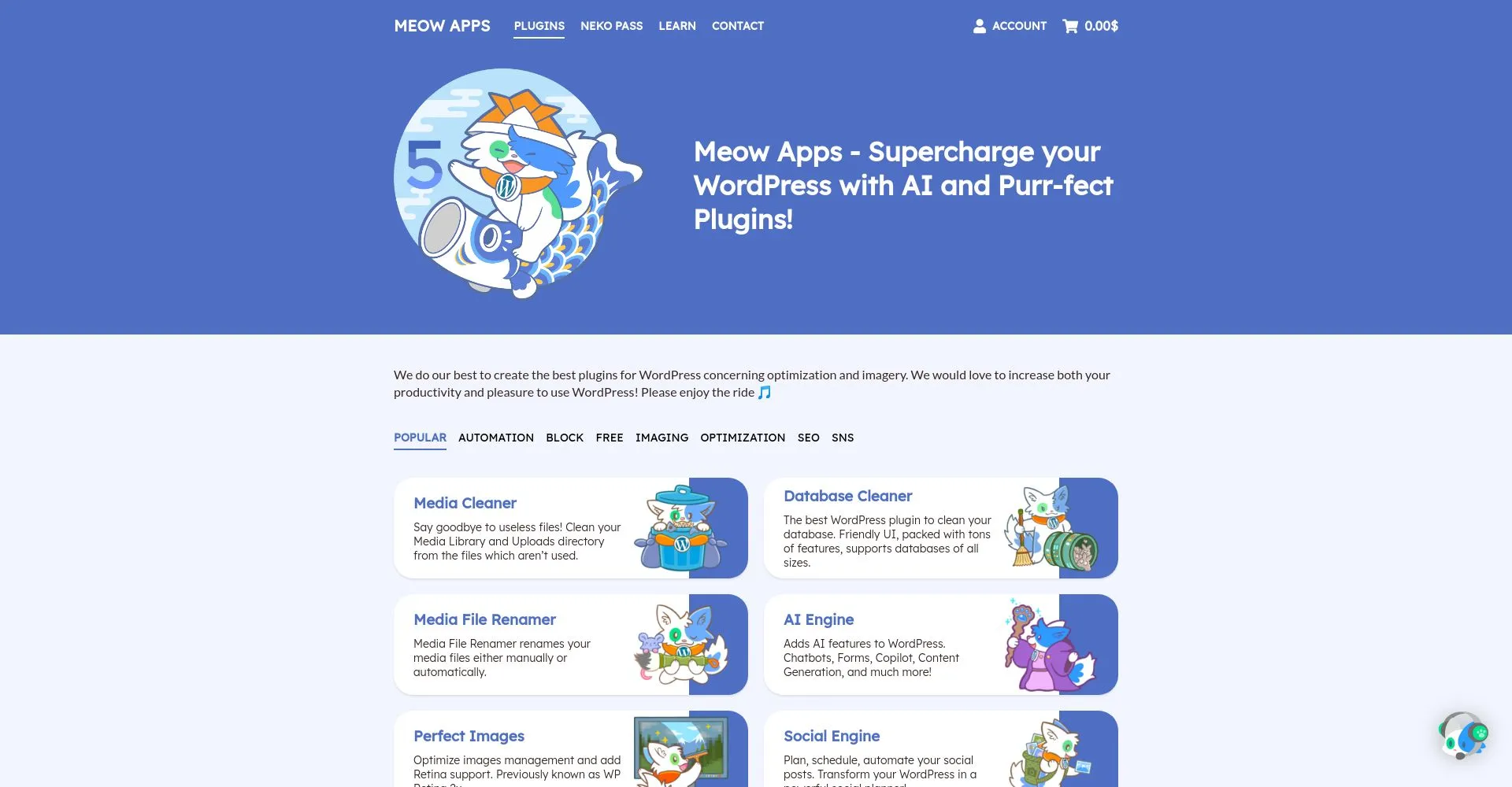 Página principal de Meow Apps mostrando plugins de WordPress