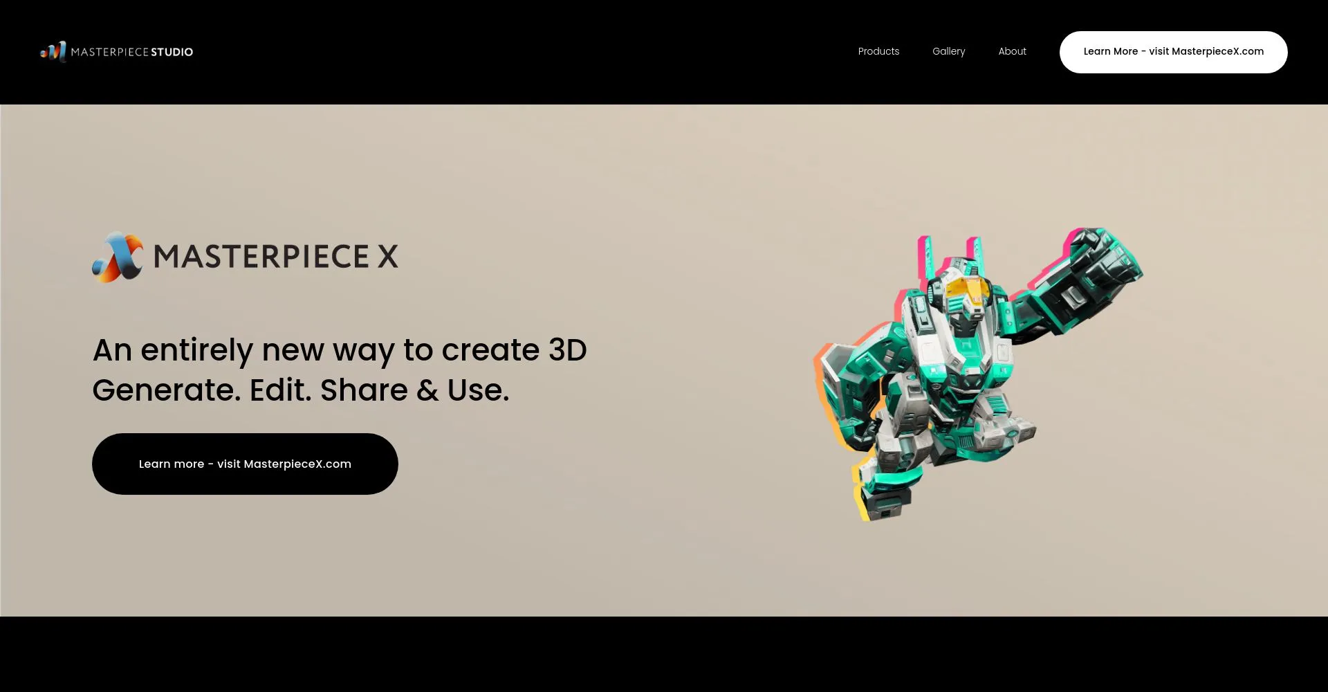 Robot 3D en la página de inicio de Masterpiece X