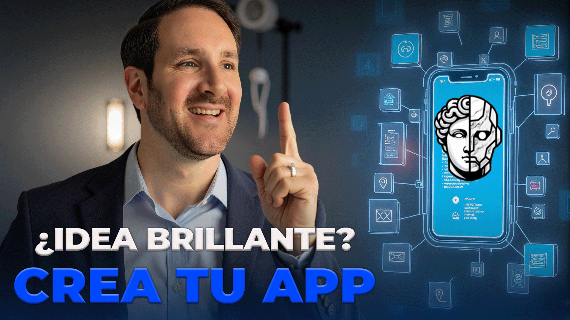 Hombre señalando hacia arriba junto a un móvil con íconos de aplicaciones y el mensaje '¿Idea brillante? Crea tu app
