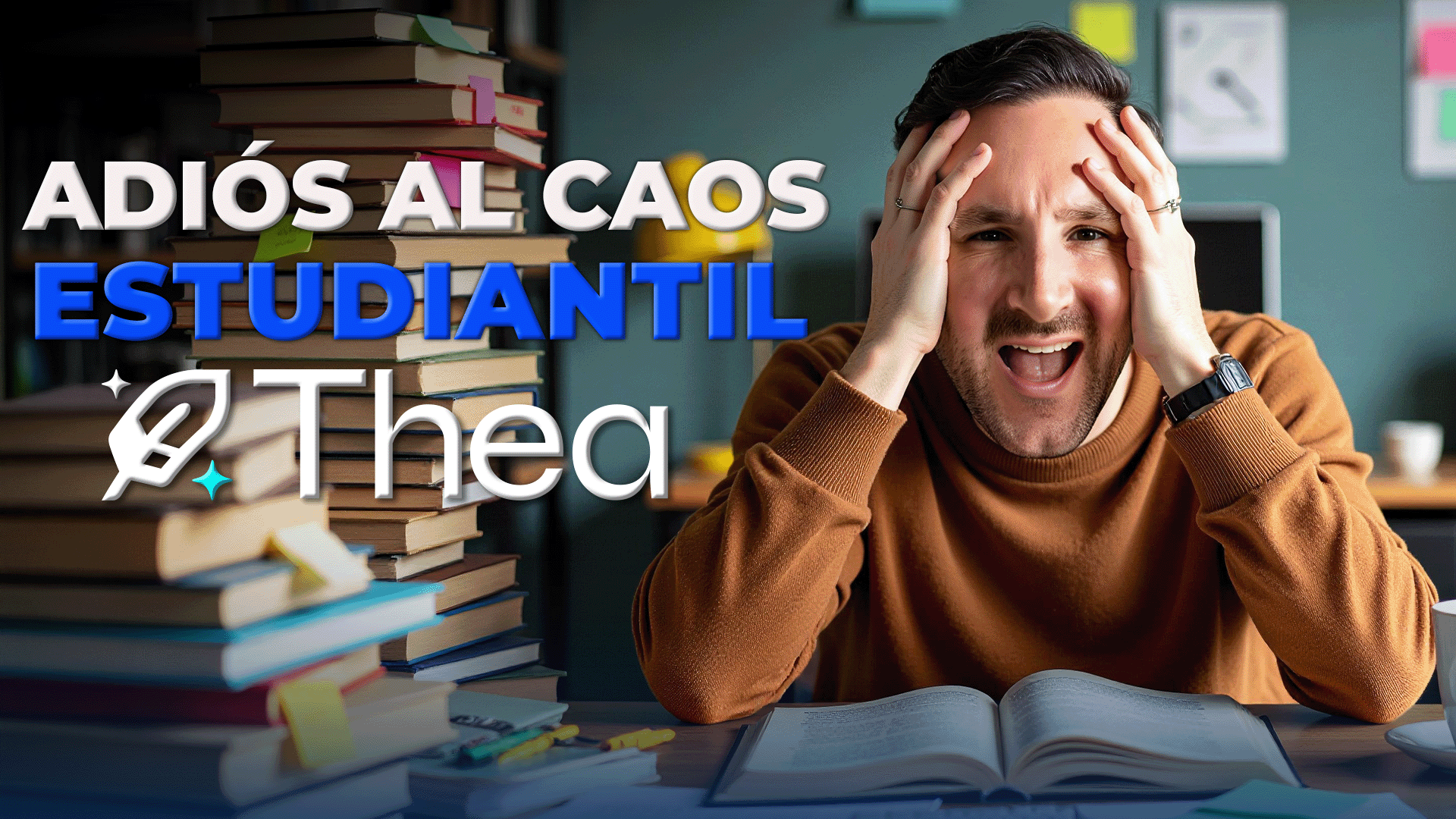 Hombre estresado entre pilas de libros con el mensaje 'Adiós al caos estudiantil' y el logo de Thea en un entorno de estudio