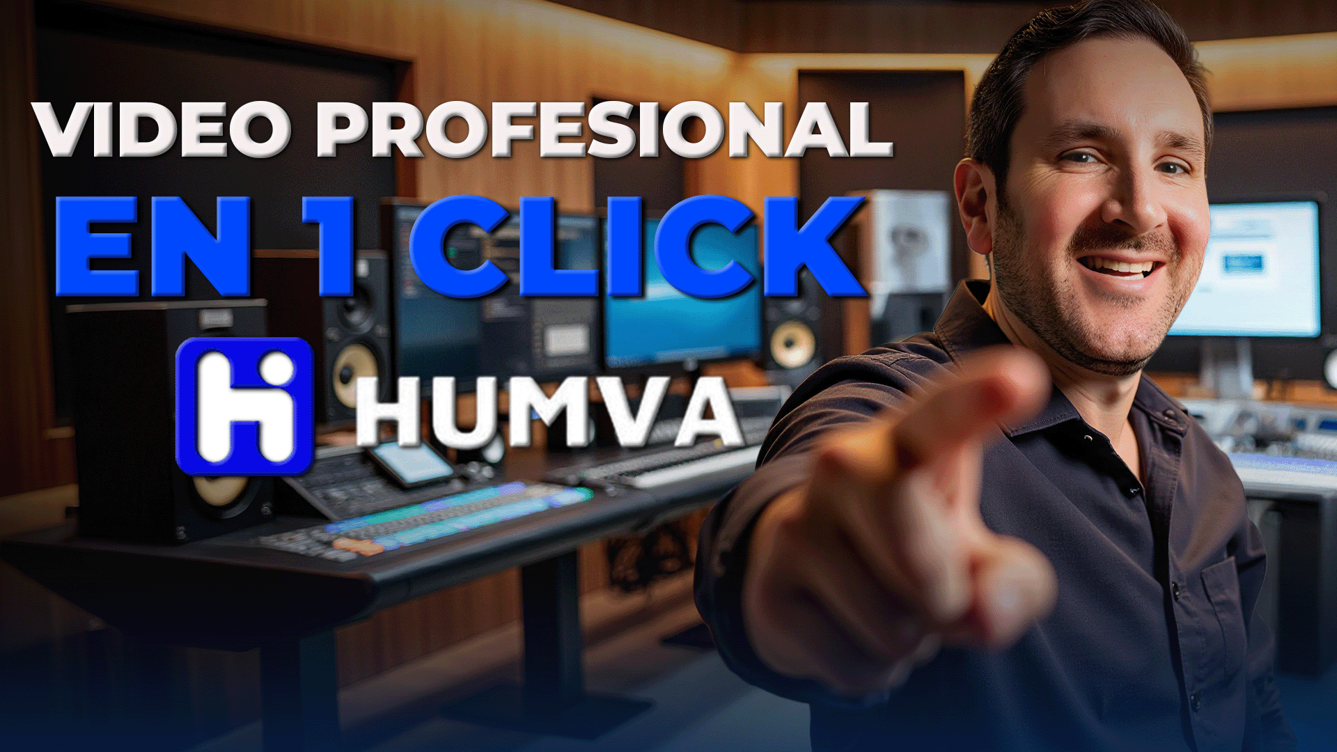 Hombre señalando con entusiasmo en un estudio de edición con el mensaje 'Video profesional en 1 click' y el logo de Humva