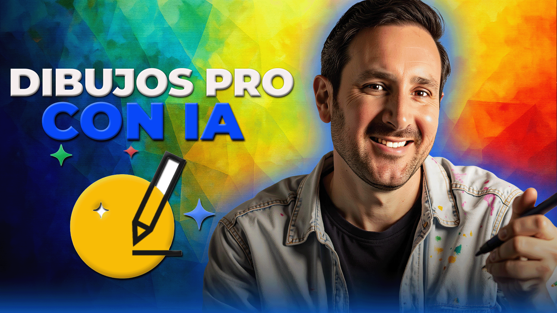 Artista sonriendo con lápiz digital frente a fondo colorido, acompañado del texto 'Dibujos pro con IA' y un ícono de lápiz sobre círculo amarillo