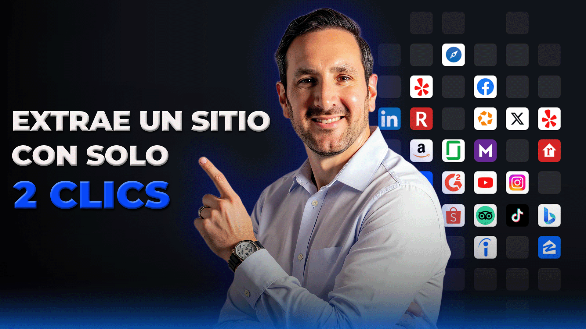 Hombre señalando con confianza mientras promociona una herramienta para extraer datos de sitios web con solo dos clics, junto a logos de plataformas como LinkedIn, Amazon y YouTube.