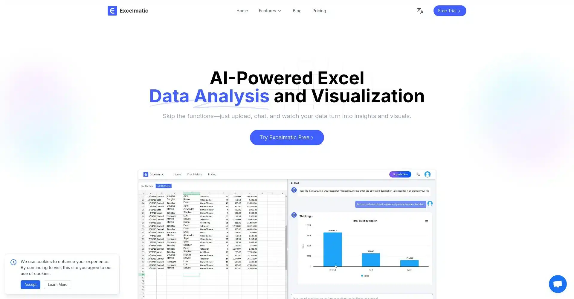 Captura de pantalla de Excelmatic para análisis de datos con IA
