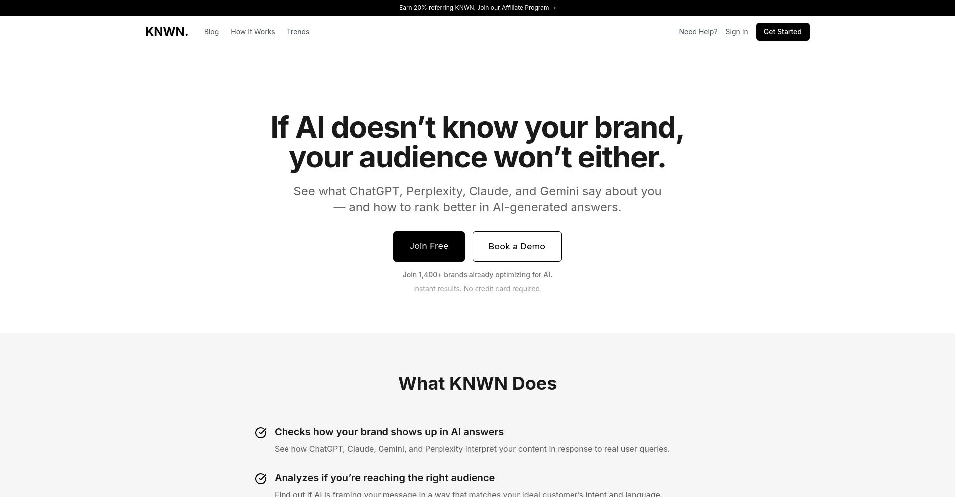 Página principal de KNWN mostrando herramientas de optimización de marca con IA