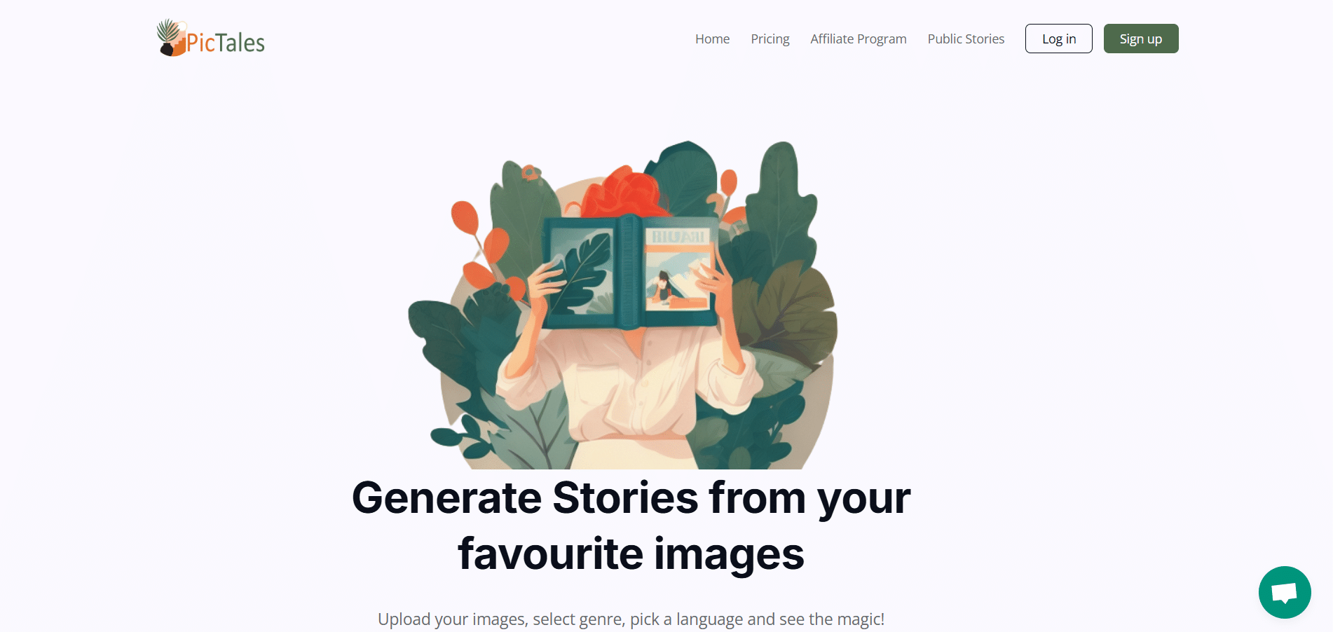 Página de inicio de PicTales con ilustración central y opciones para generar historias.