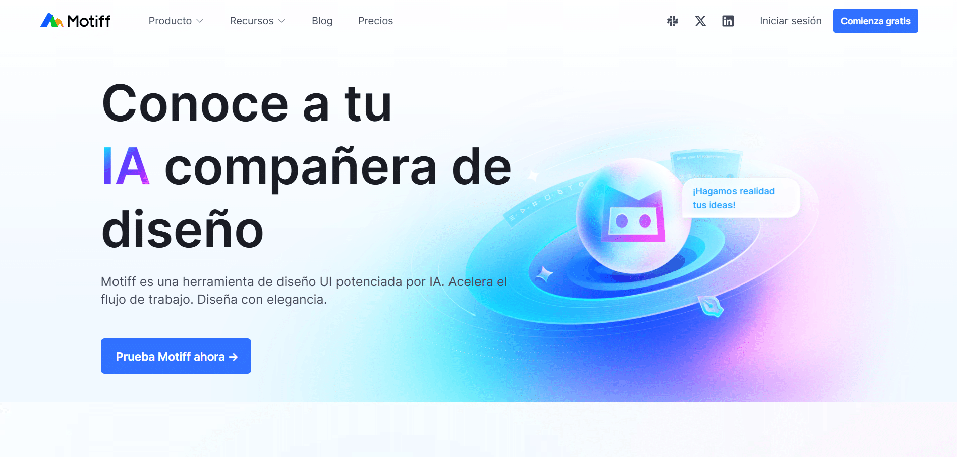 interfaz de bienvenida de Motiff con diseño futurista y mensaje de bienvenida