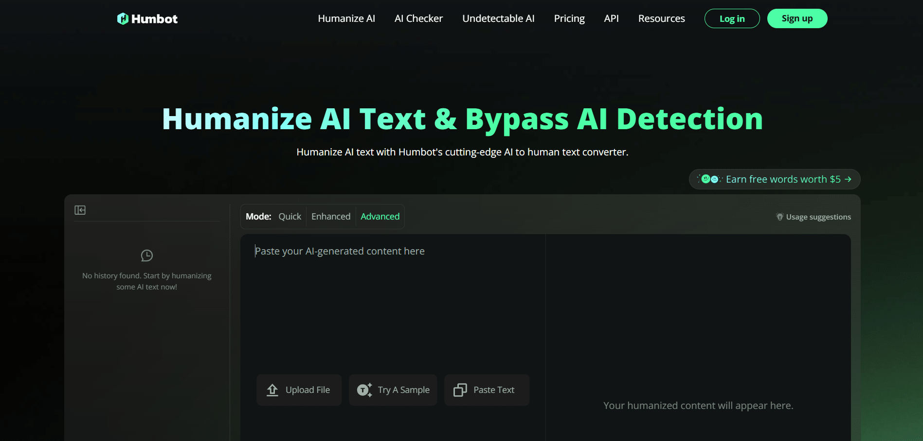 Interfaz de Humbot mostrando el editor de texto para convertir contenido en texto más natural