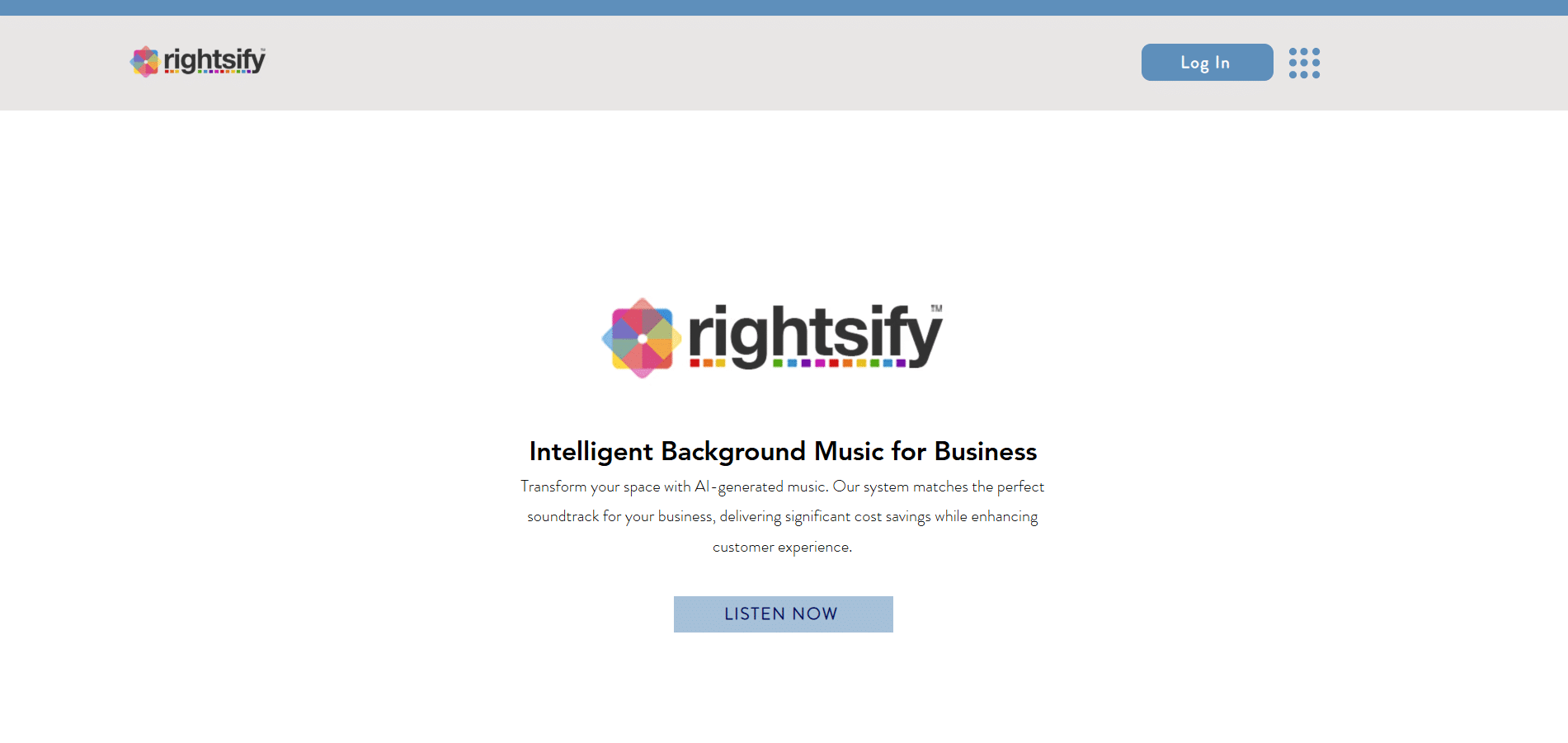 Interfaz de inicio de Rightsify mostrando el servicio de música de fondo para negocios