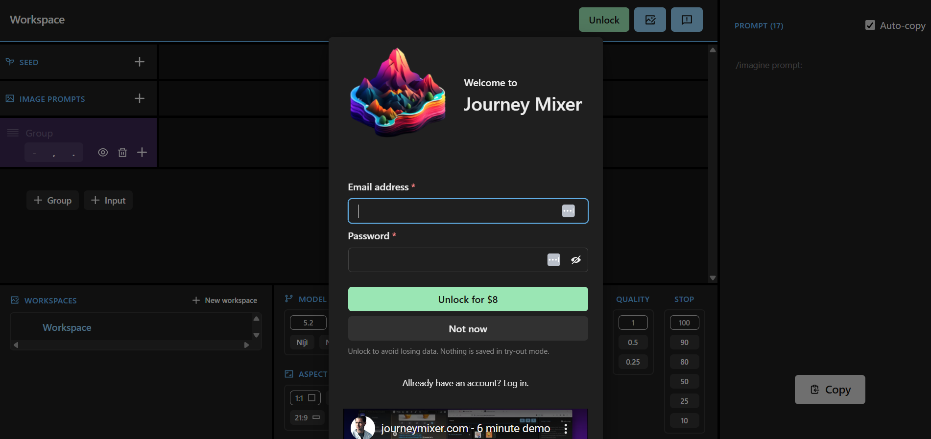 Accede al editor visual de Journey Mixer y transforma tus ideas en prompts creativos