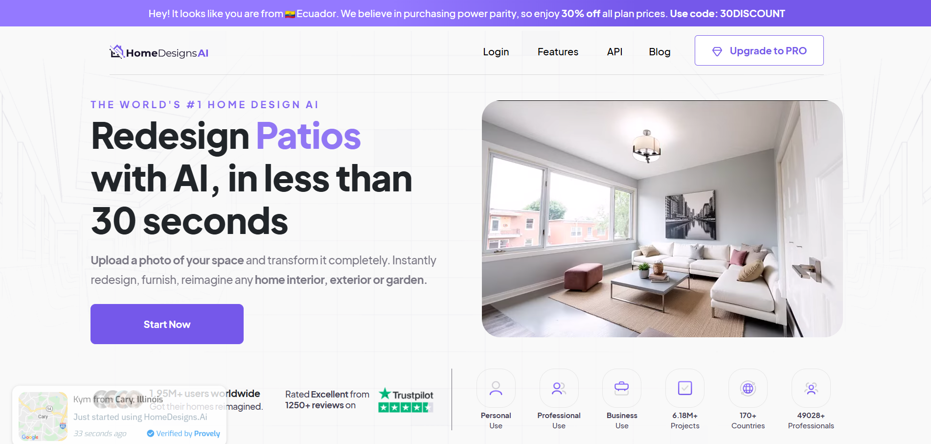 Pantalla principal de HomeDesigns con mensaje destacado “Redesign Patios in less than 30 seconds”, botón “Start Now” y vista de una sala moderna junto a estadísticas y opciones de uso.