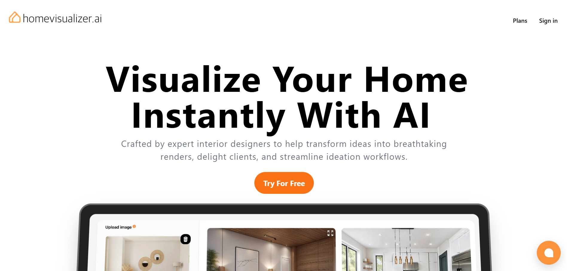 Página principal de HomeVisualizer con el eslogan "Visualize Your Home Instantly With AI", un botón naranja de "Try For Free" y una vista previa de renders de interiores generados automáticamente a partir de imágenes.