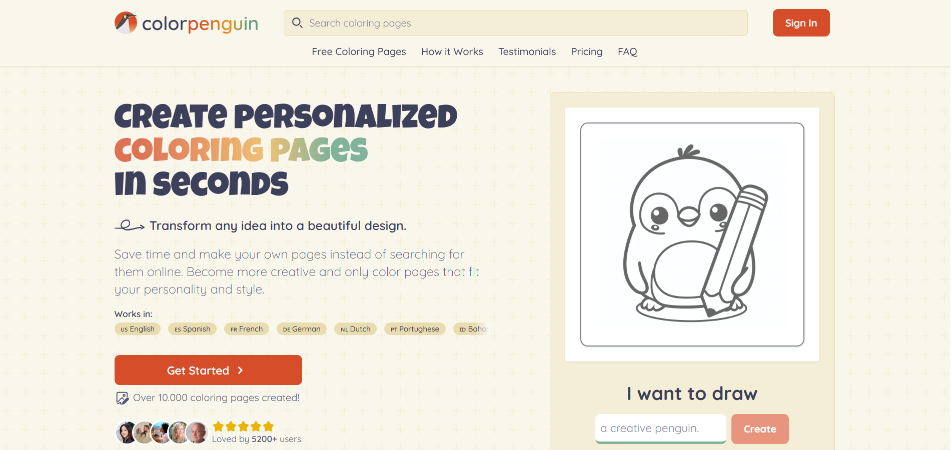 Genera dibujos para colorear al instante con solo escribir una idea: pantalla de inicio de ColorPenguin con un tierno pingüino sosteniendo un lápiz.