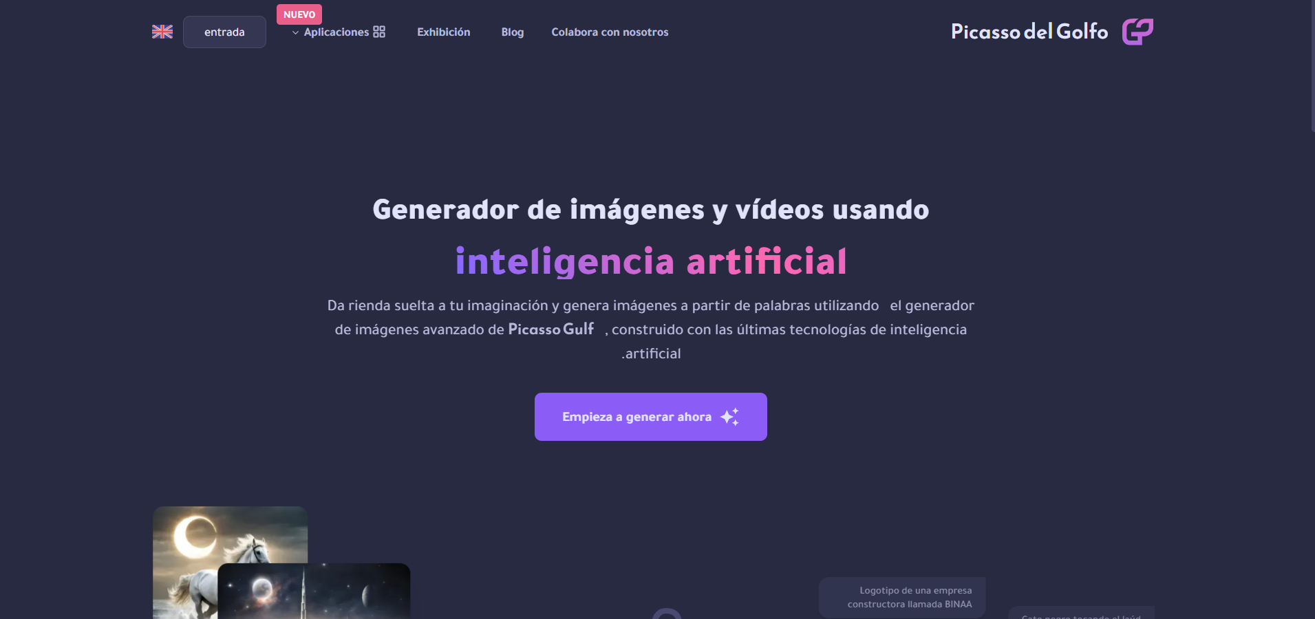 Pantalla de inicio de Gulf Picasso mostrando el botón para comenzar a generar imágenes y vídeos a partir de texto.