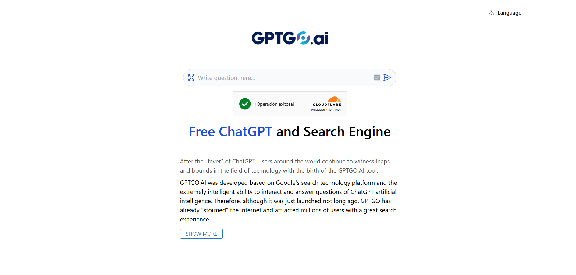 Interfaz principal de GPTGO mostrando una barra de búsqueda junto a un mensaje de éxito y una breve descripción de sus funciones.