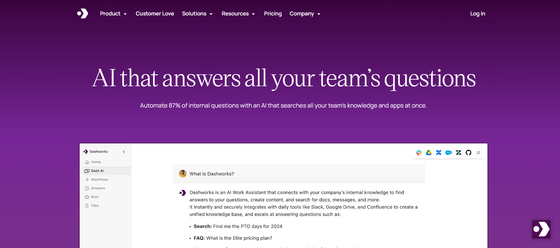 Interfaz de Dashworks mostrando búsqueda unificada de conocimiento interno en herramientas como Slack, Google Drive y Salesforce