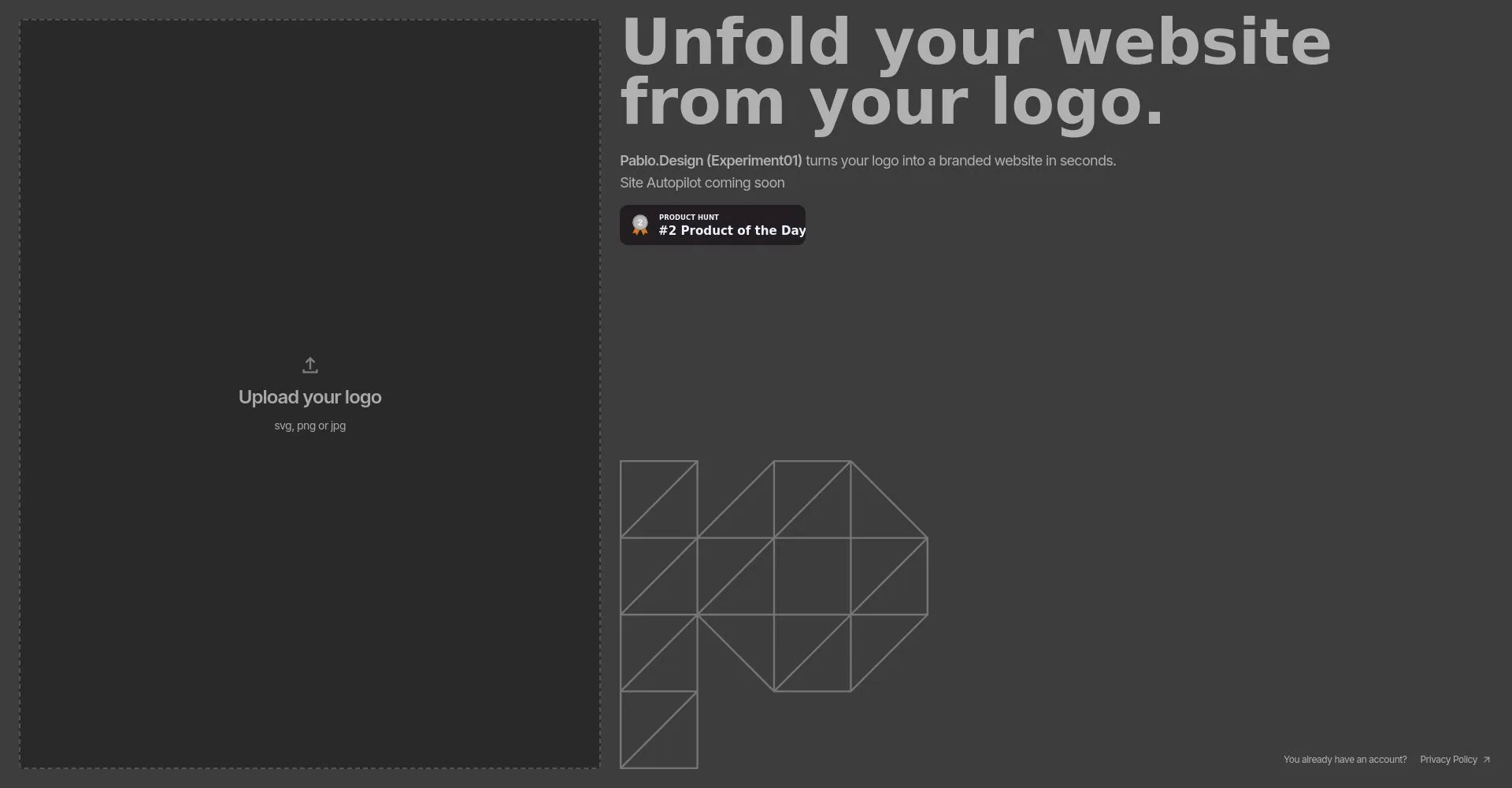 Interfaz de usuario de Pablo.Design para cargar logotipo y crear un sitio web