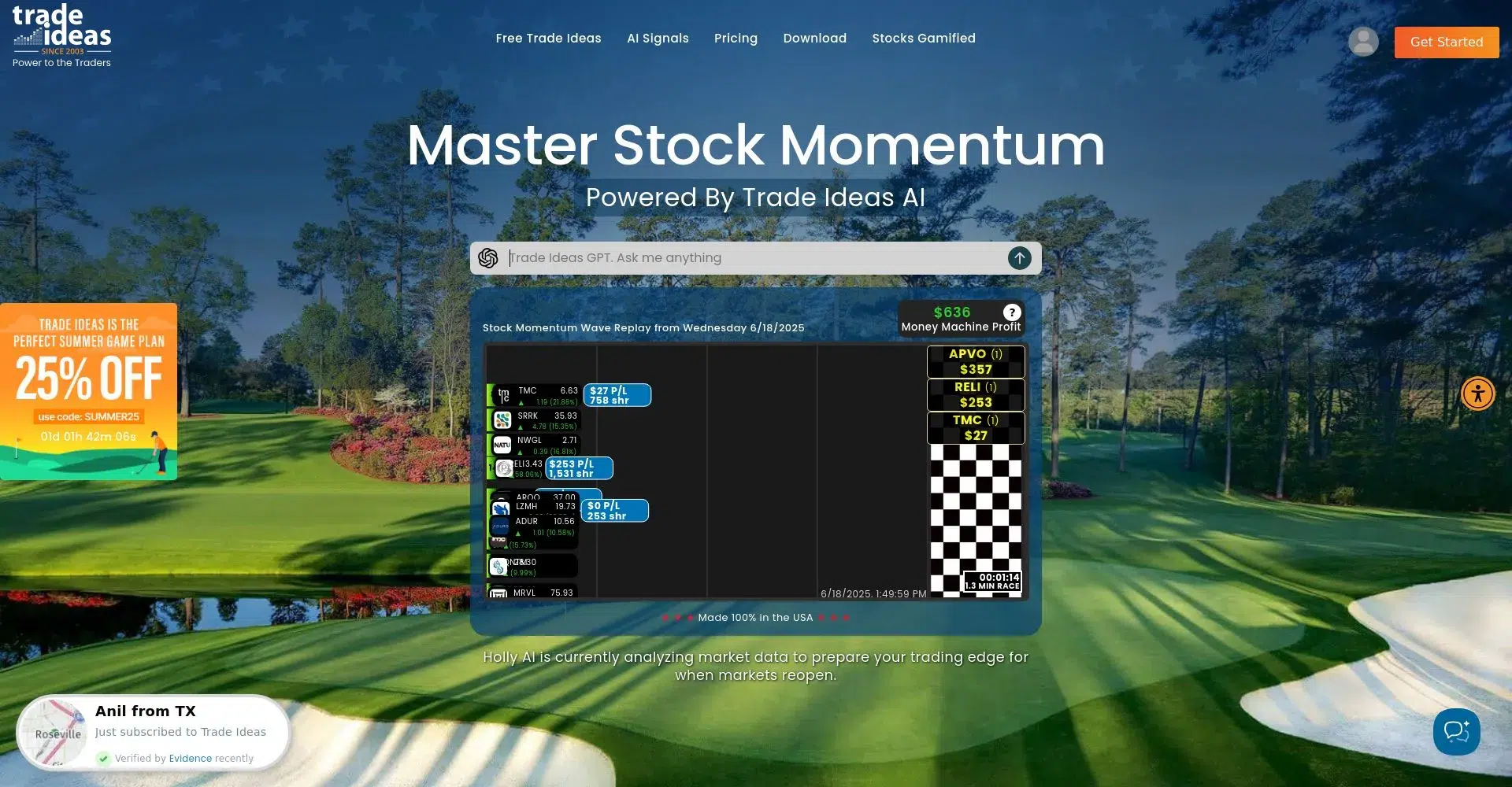 Pantalla de inicio de Trade Ideas con opciones de comercio y descuento de verano