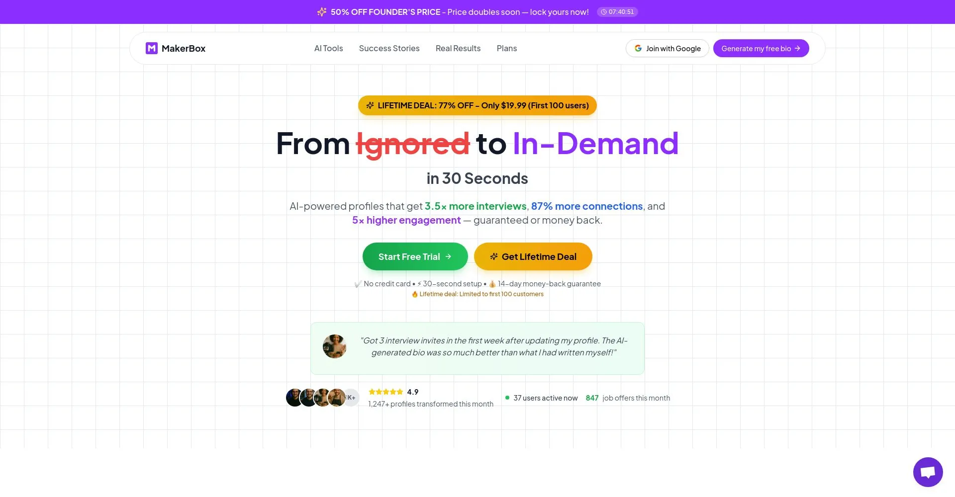 Captura de pantalla del sitio web de MakerBox ofreciendo un perfil mejorado por IA