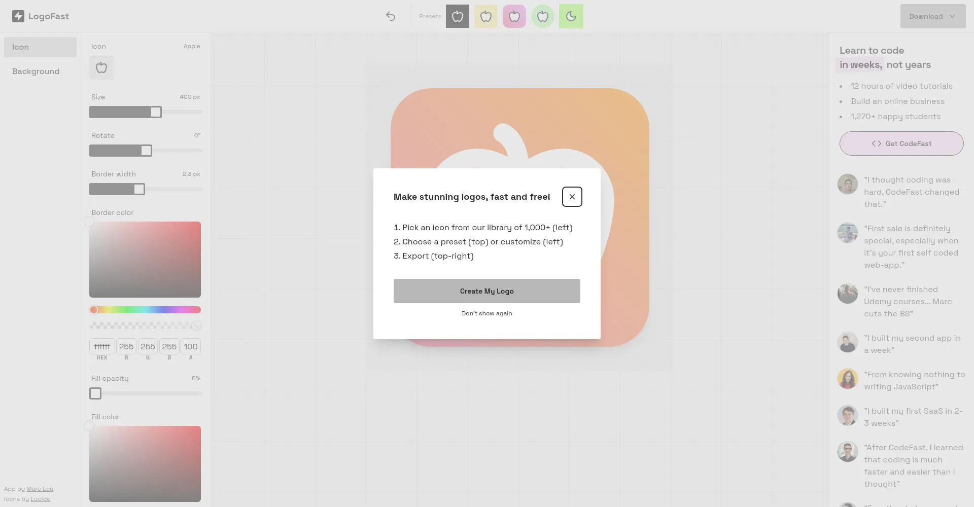 Interfaz de usuario de la aplicación LogoFast para crear logos