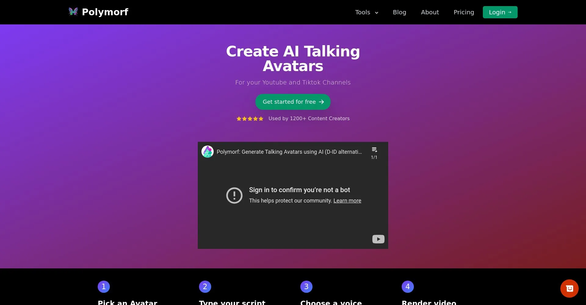 Pantalla de inicio de Polymorf para crear avatares hablantes con IA.