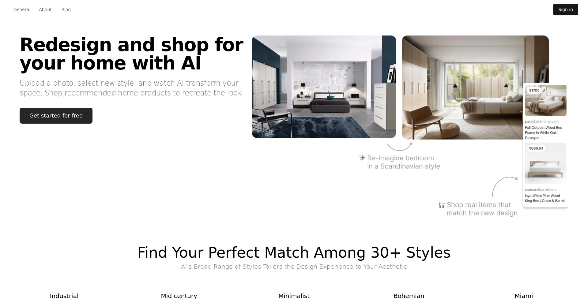 Interfaz de usuario de la plataforma de diseño de interiores con IA