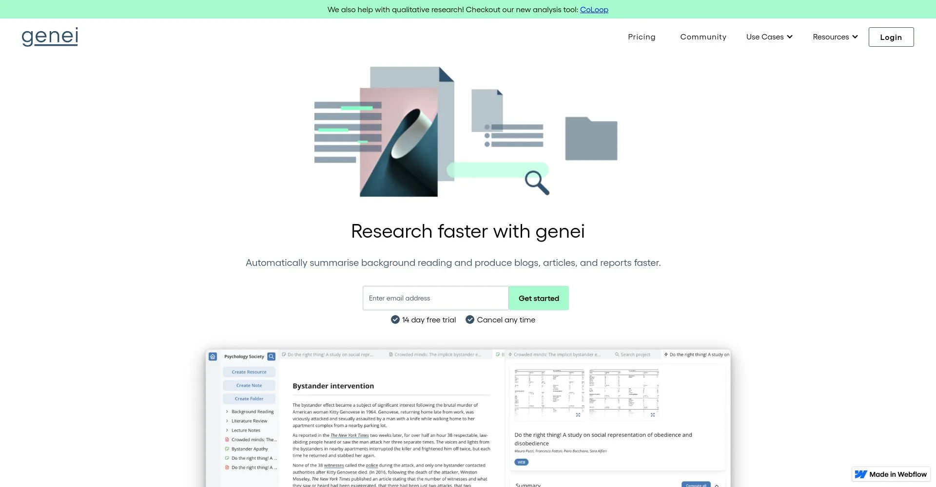 Página de inicio de Genei mostrando herramientas de investigación