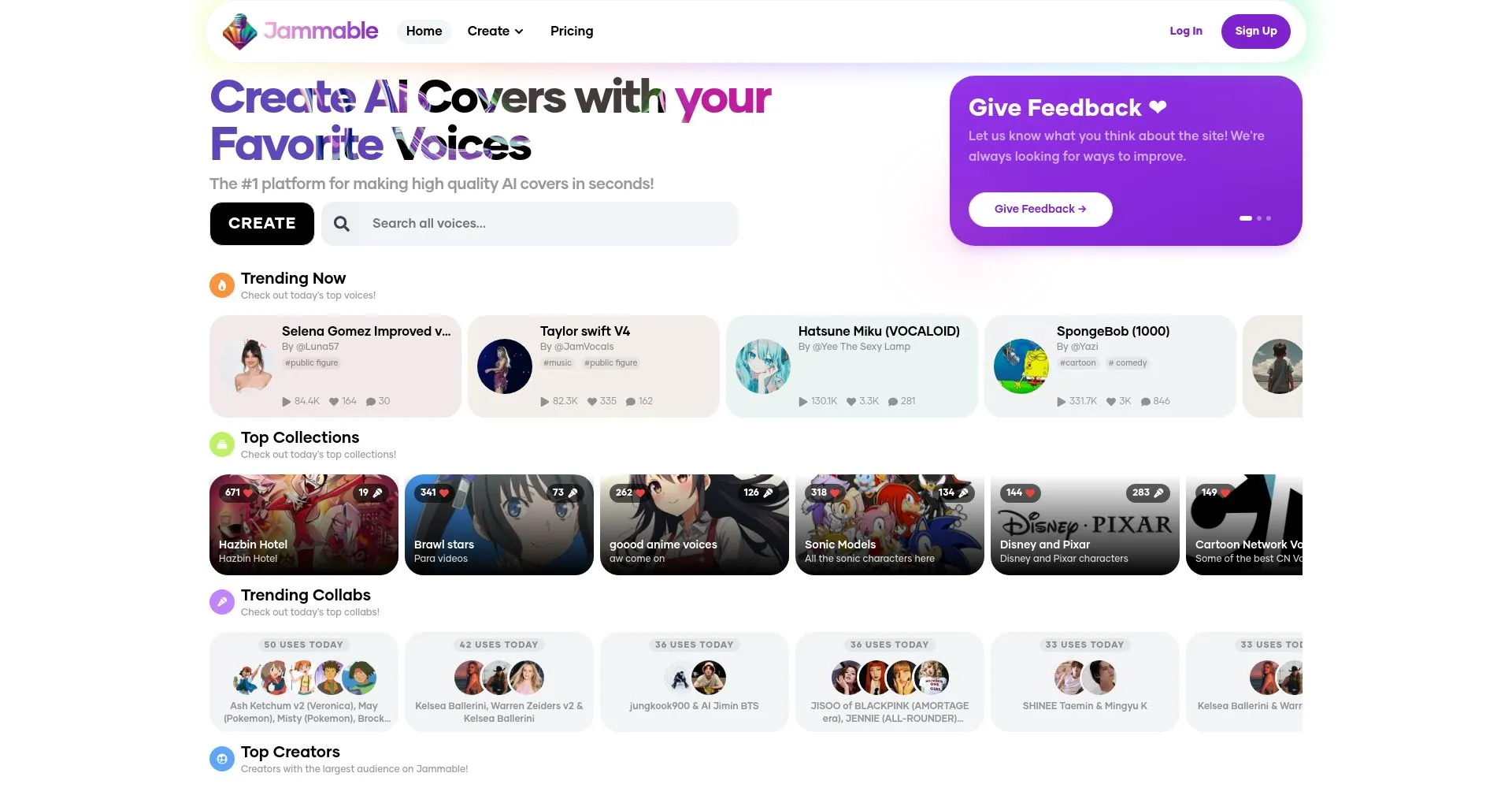 Página de inicio de Jammable mostrando opciones para crear covers de IA