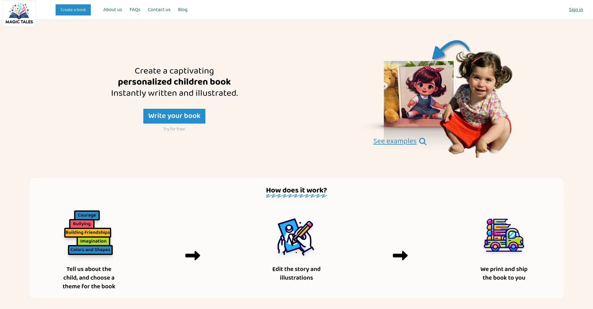 Sitio web de Magic Tales mostrando el proceso de creación de libros infantiles personalizados.