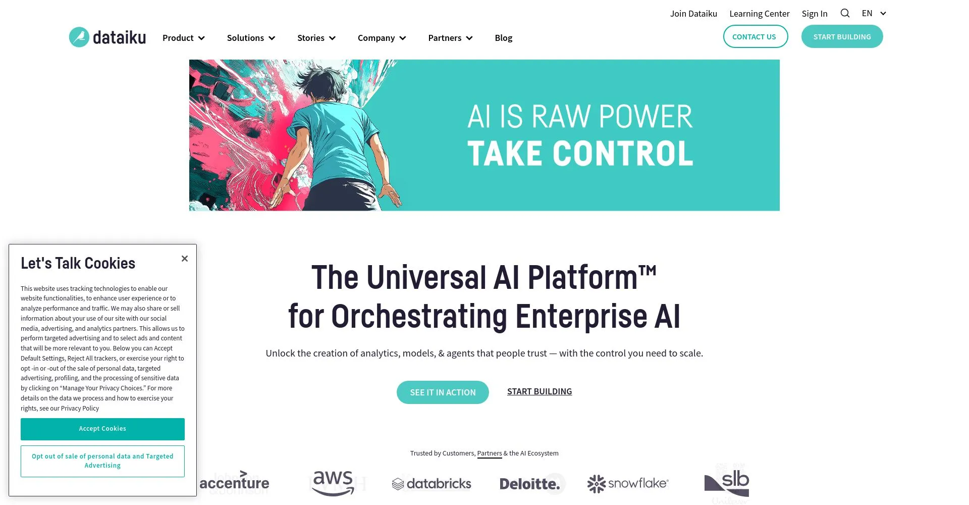 Captura de pantalla del sitio web de Dataiku sobre soluciones de IA empresarial