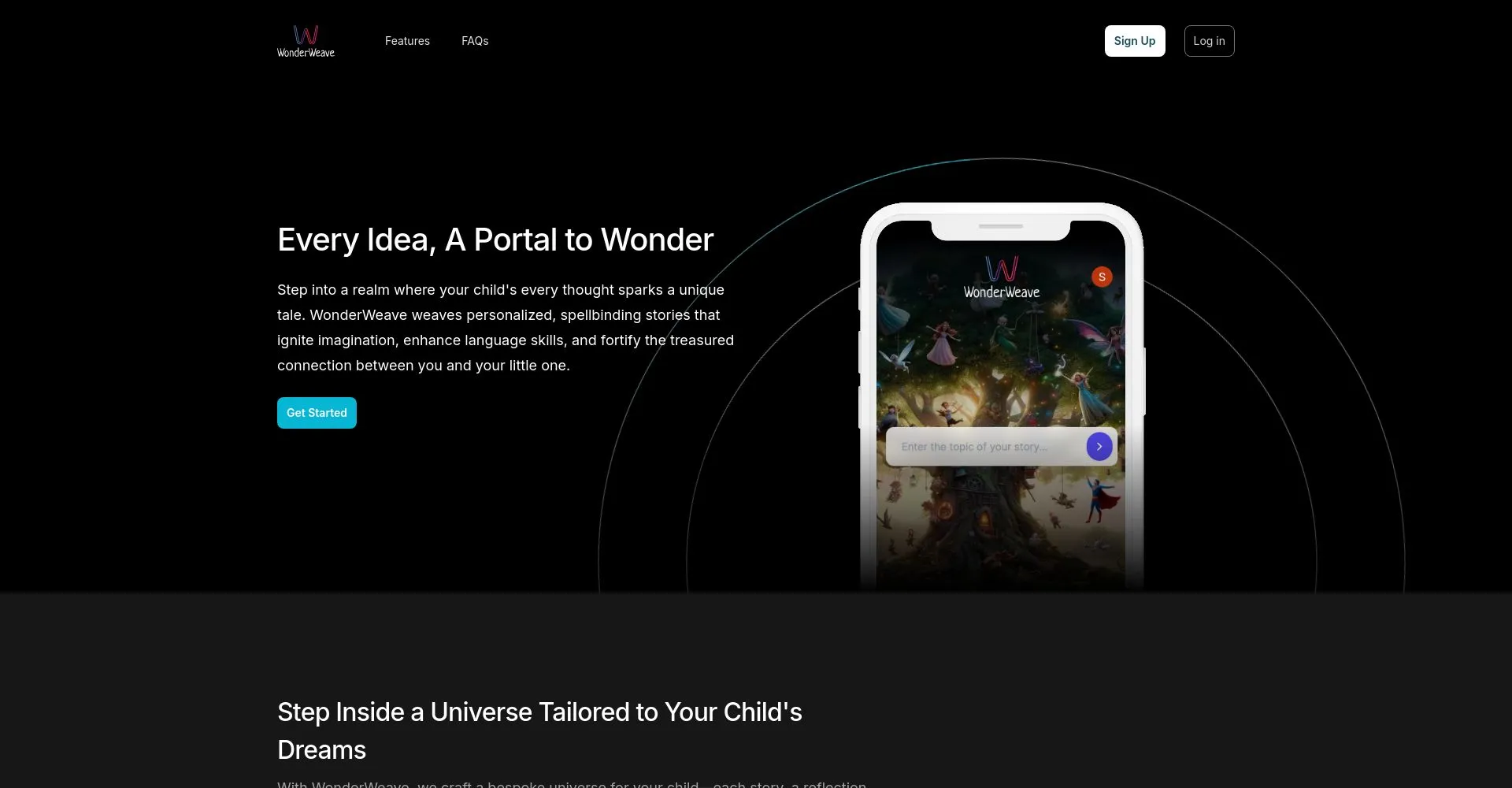 Pantalla de inicio de WonderWeave mostrando un teléfono con la aplicación.