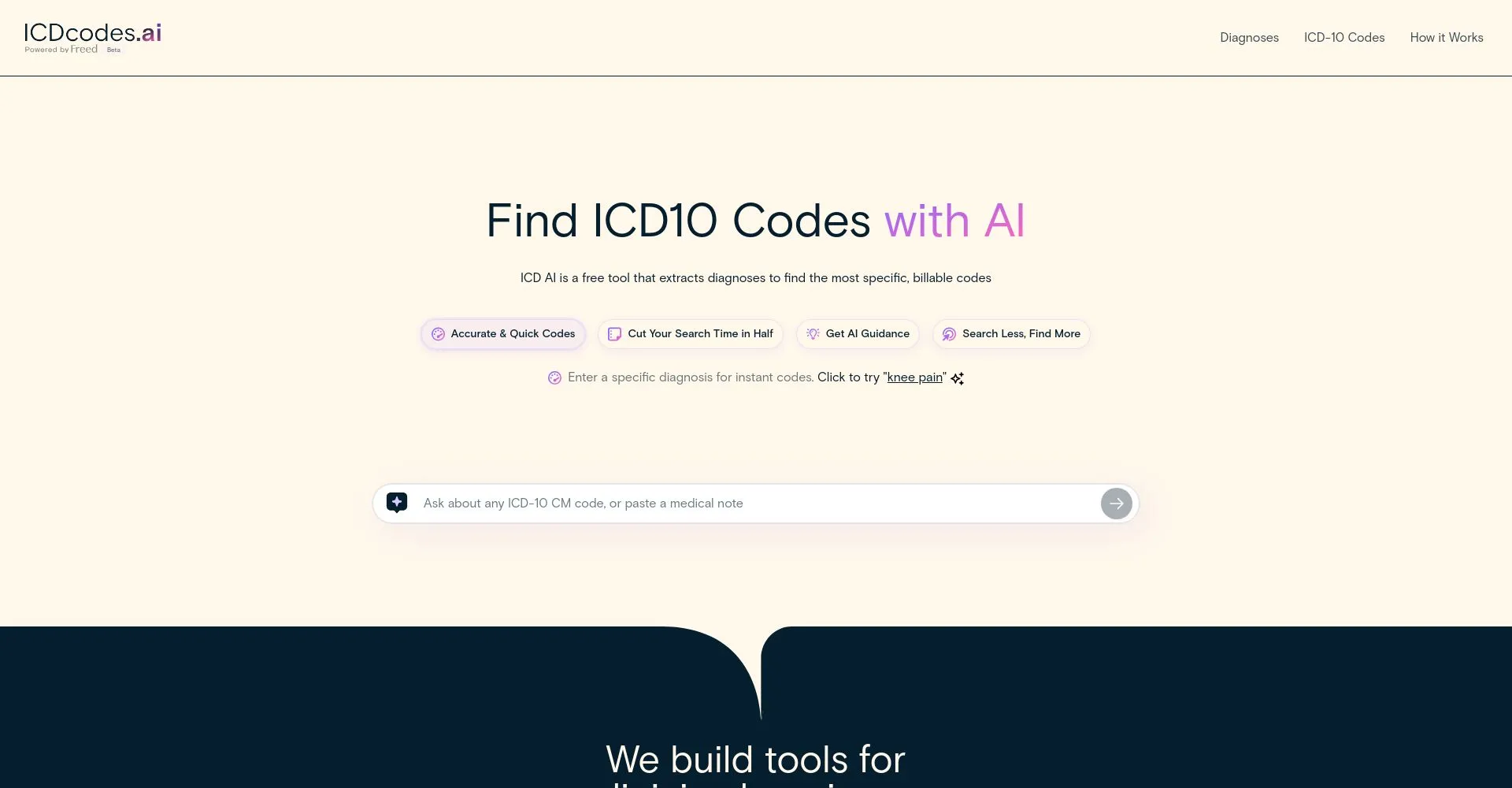 Interfaz de usuario de ICDcodes.ai mostrando funciones de búsqueda de códigos ICD10