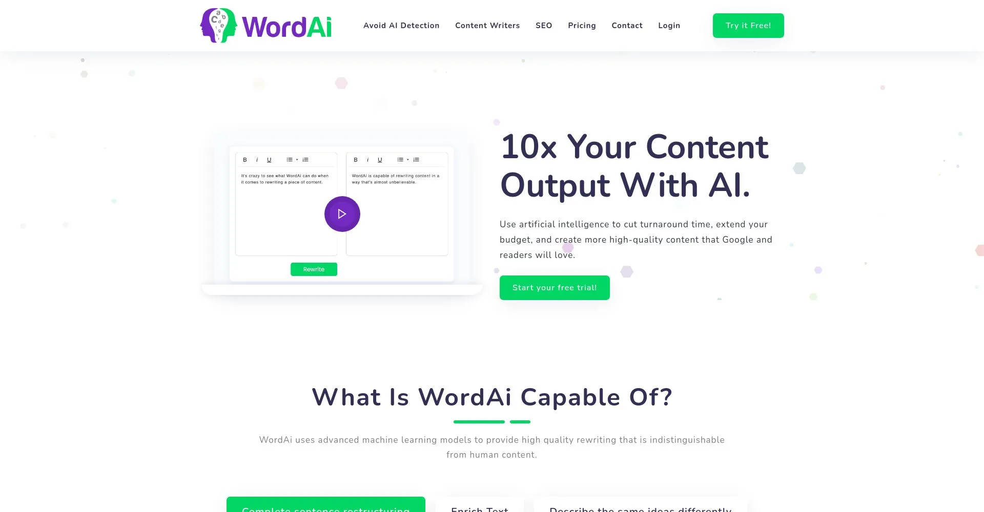 Página de inicio de WordAi mostrando funciones de reescritura de contenido