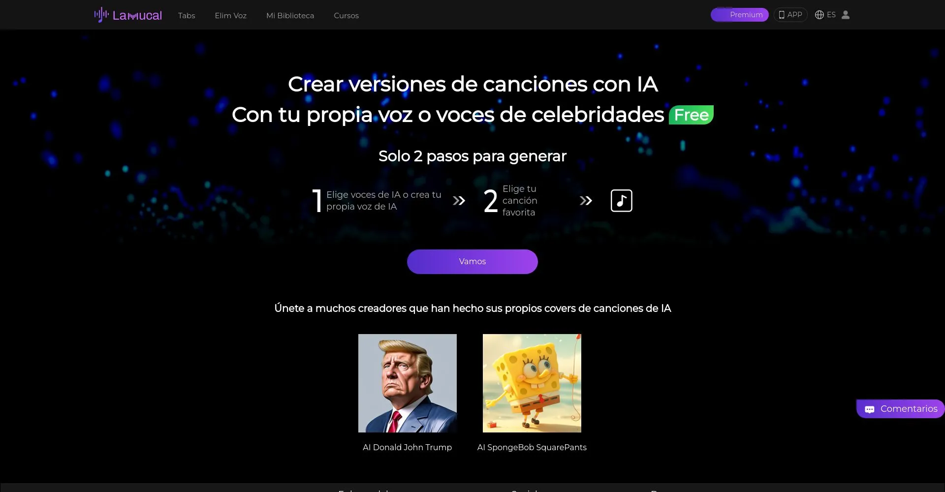 Página de inicio de un sitio web para crear versiones de canciones con inteligencia artificial