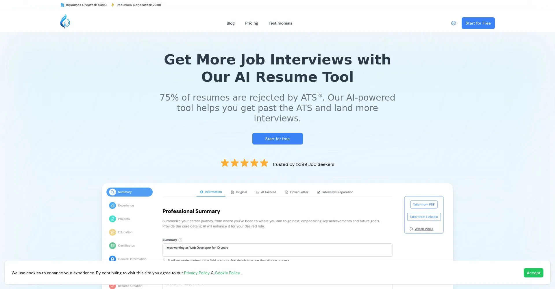 Página de inicio de herramienta de currículum con IA