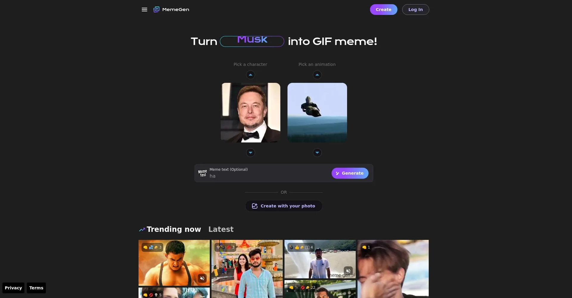 Interfaz de MemeGen para crear memes GIF
