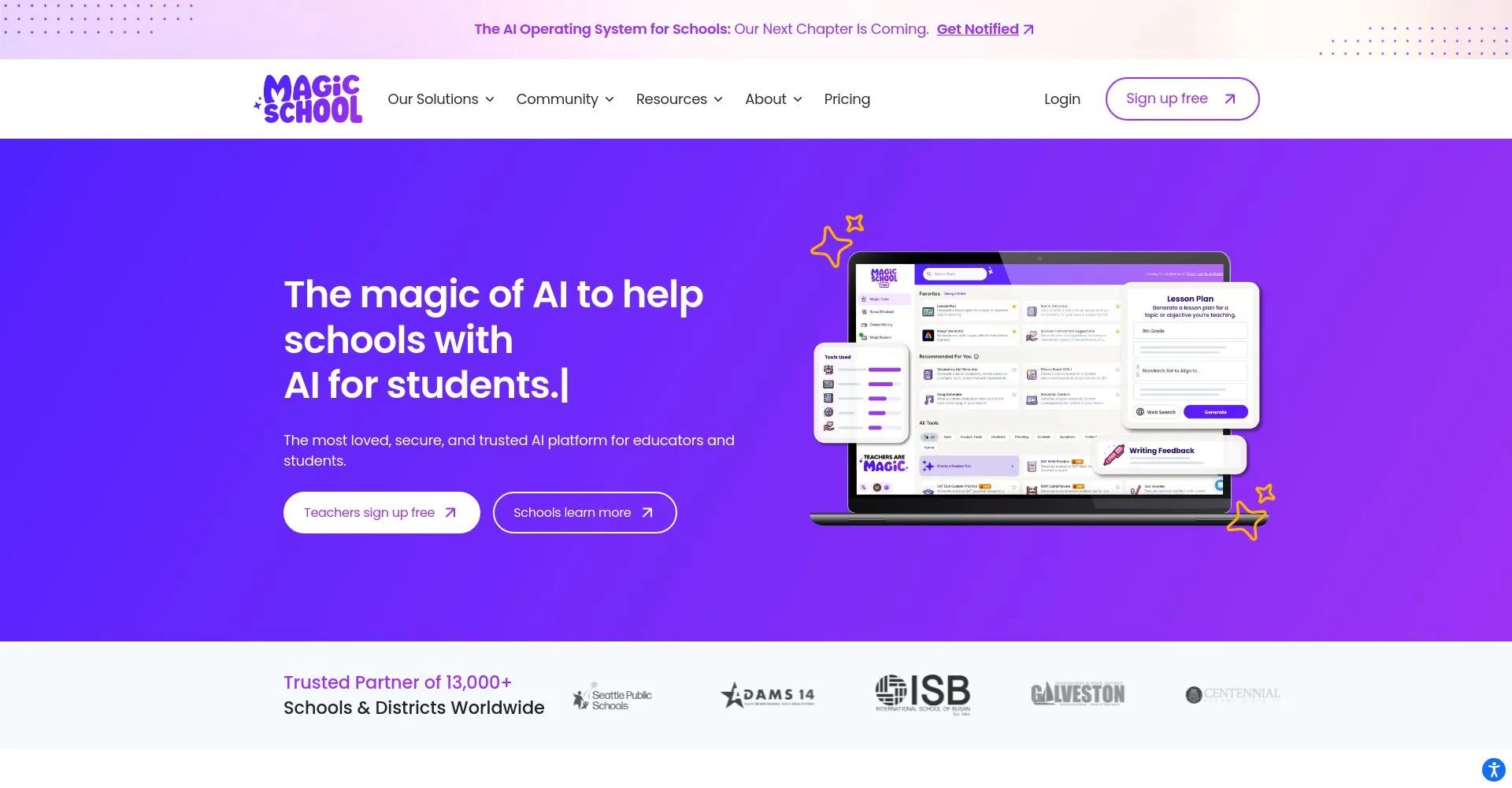 Captura de pantalla del sitio web de Magic School mostrando herramientas de IA para educación