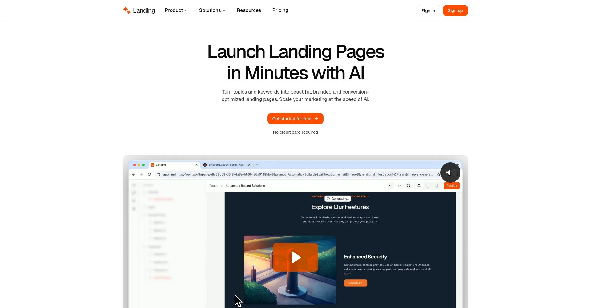 Captura de pantalla de una herramienta de creación de páginas de aterrizaje con IA